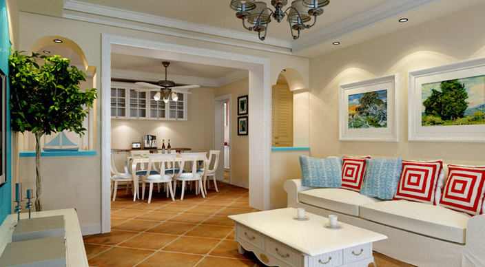 唯美浪漫地中海风格客厅厨房一体装修效果图
